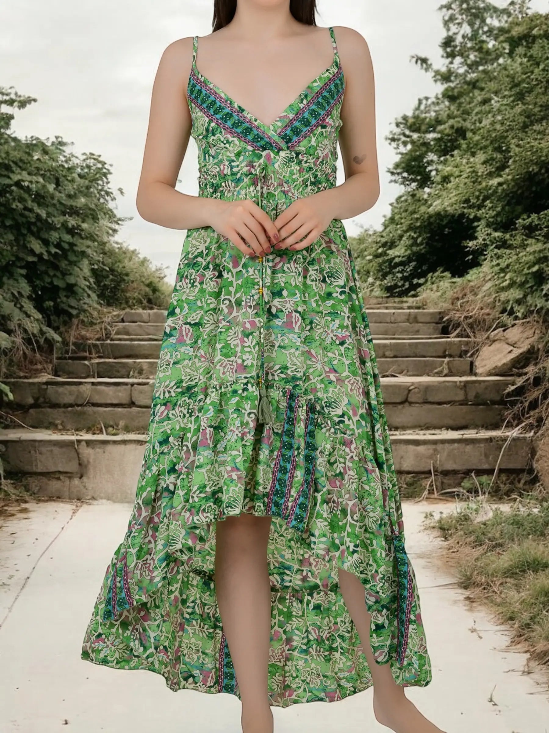 Boho Silk Dress for Women, Open Back Floral High Low Maxi, Luxury Gypsy Flowy Outfit, Bridesmaid Gift, Festival Wear Beachwear, Gift for Her
