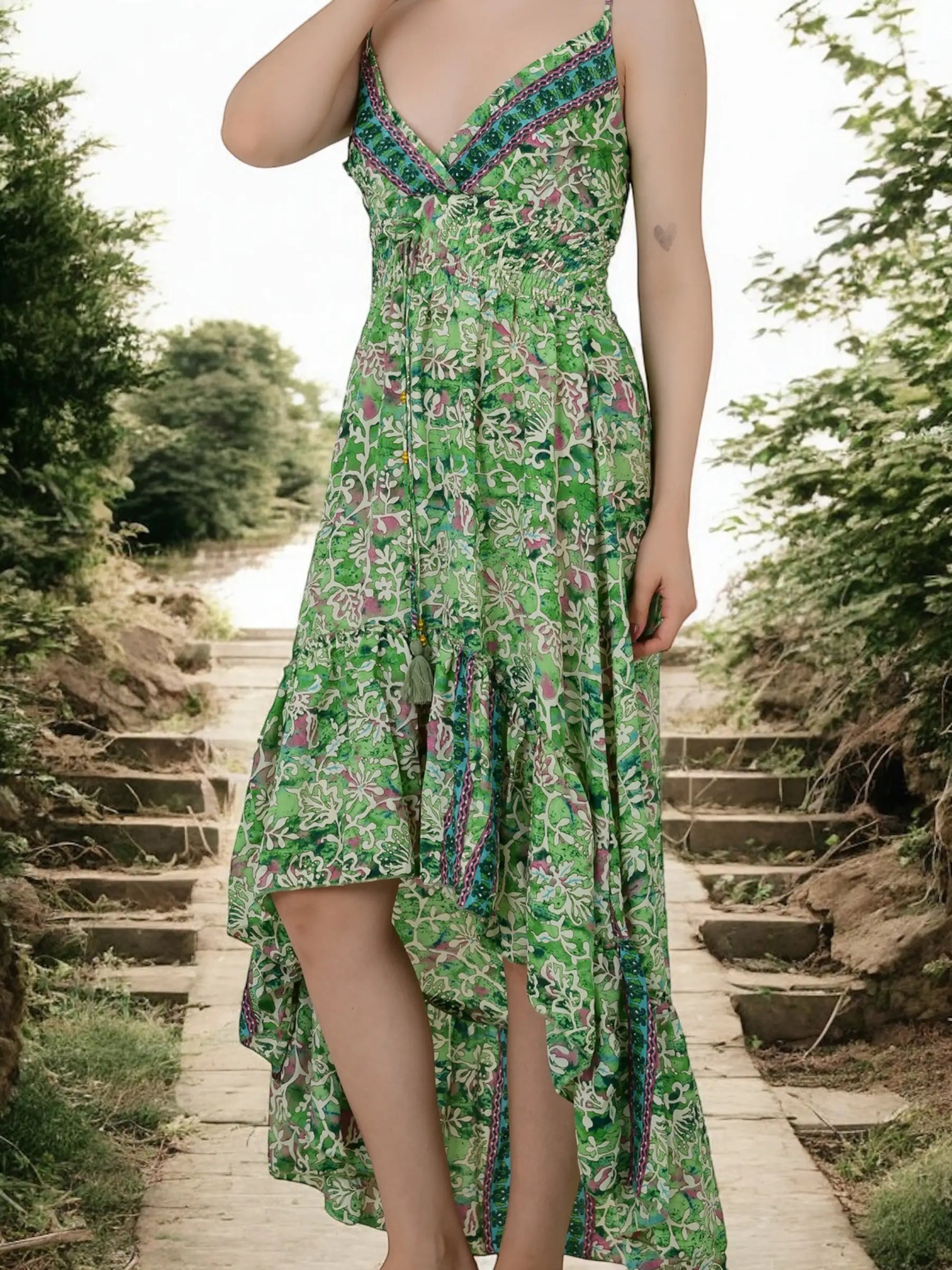 Boho Silk Dress for Women, Open Back Floral High Low Maxi, Luxury Gypsy Flowy Outfit, Bridesmaid Gift, Festival Wear Beachwear, Gift for Her