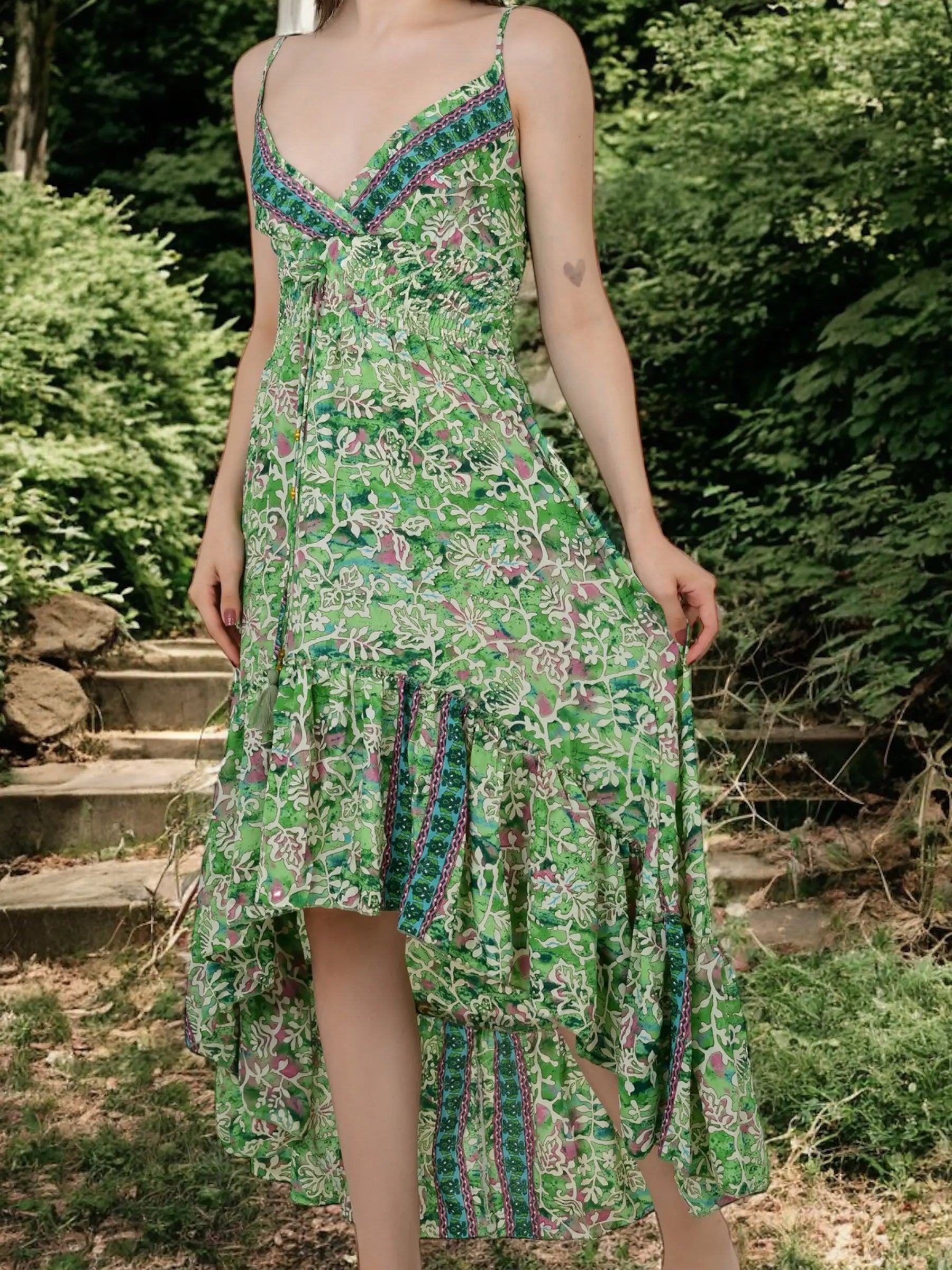 Boho Silk Dress for Women, Open Back Floral High Low Maxi, Luxury Gypsy Flowy Outfit, Bridesmaid Gift, Festival Wear Beachwear, Gift for Her