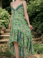Boho Silk Dress for Women, Open Back Floral High Low Maxi, Luxury Gypsy Flowy Outfit, Bridesmaid Gift, Festival Wear Beachwear, Gift for Her