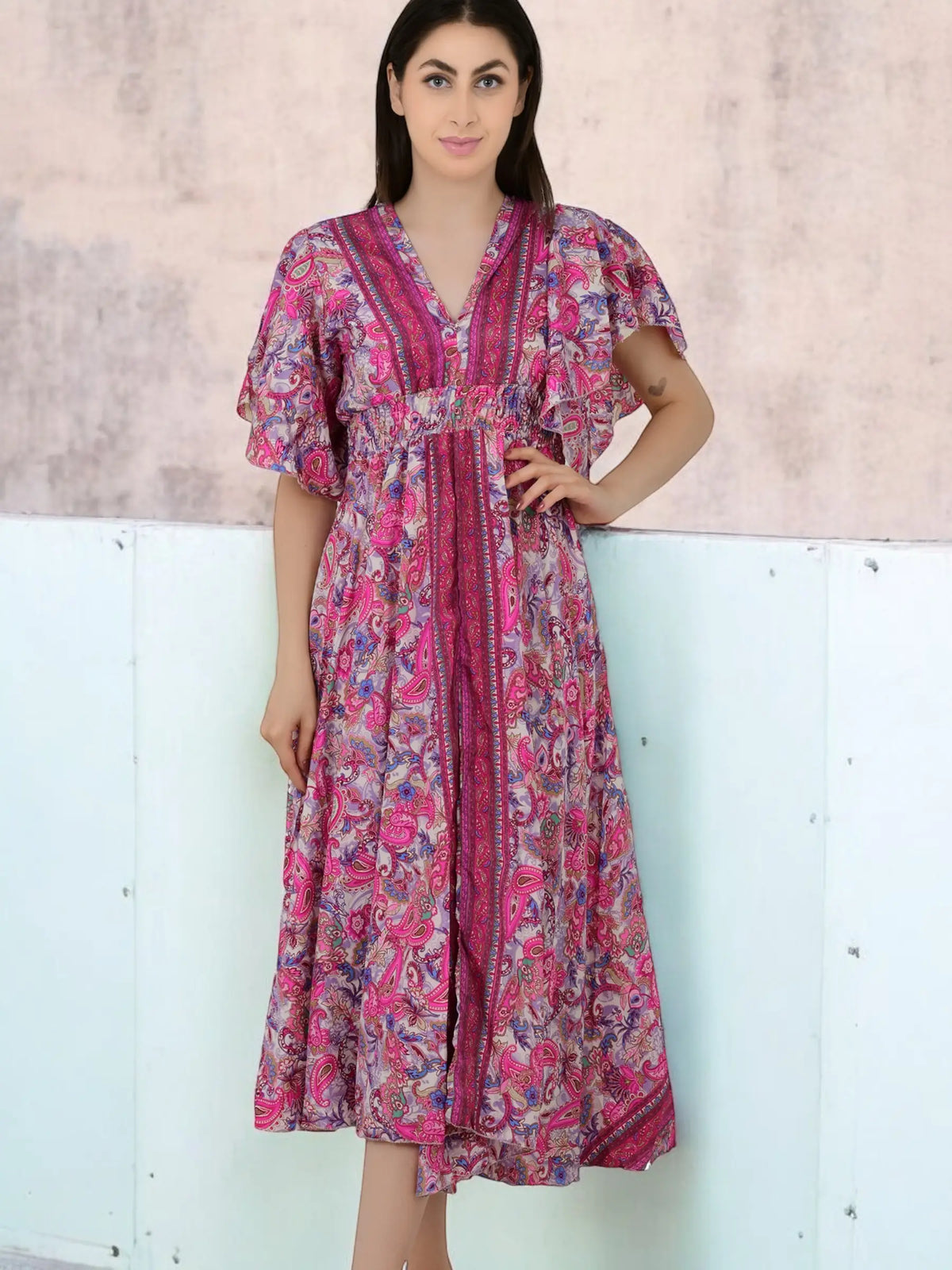 A Line Silk Blend Dress, V Neck Short Sleeve Wedding Guest Dress , Graceful Long Silky Midi Dress, Evening Cocktail Pink Dress, Gift for Her