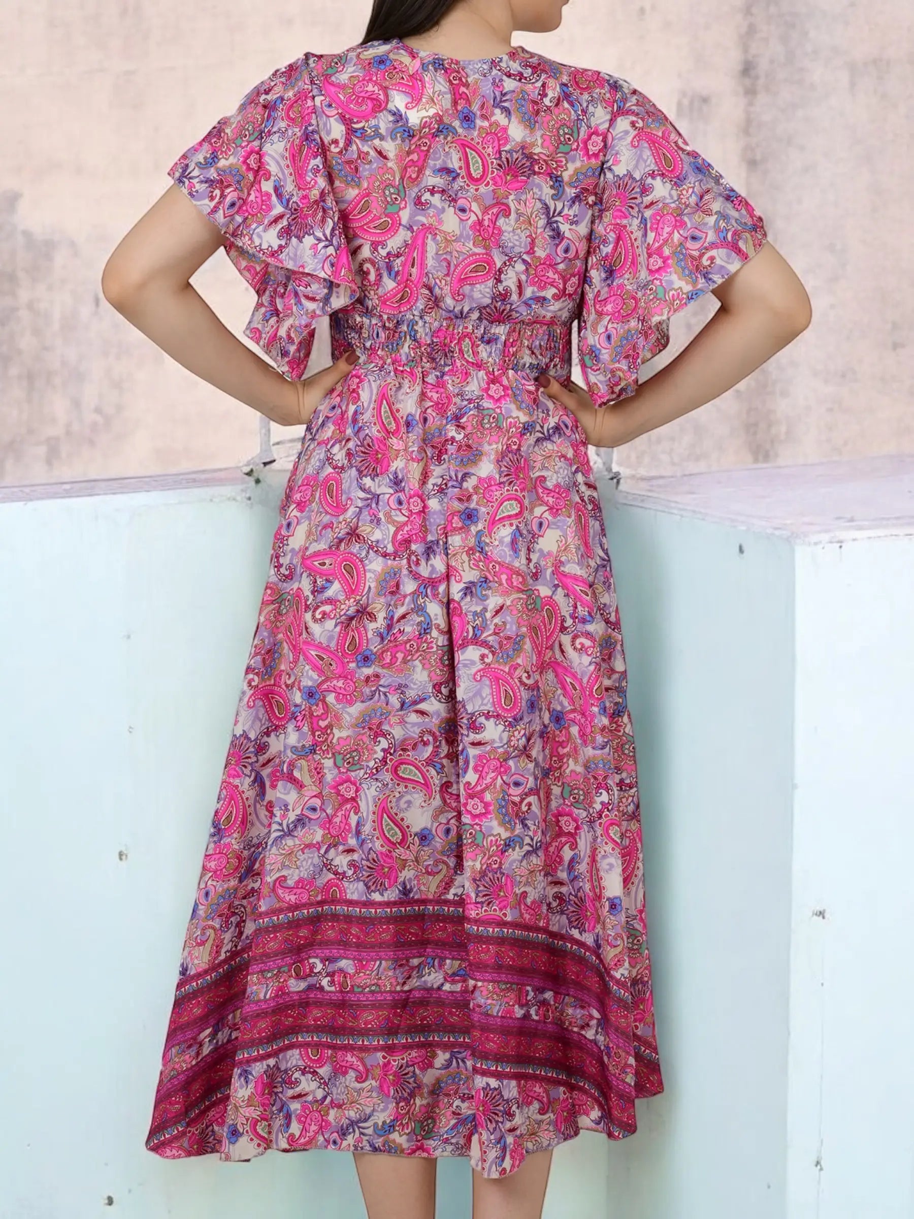 A Line Silk Blend Dress, V Neck Short Sleeve Wedding Guest Dress , Graceful Long Silky Midi Dress, Evening Cocktail Pink Dress, Gift for Her