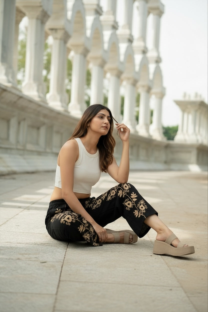 Cotton Suzani Embroidery Women Pajama | Hand Embroidered Floral Hippie Pant | Handcrafted Boho Loungewear Trouser One Size | Gift for Her