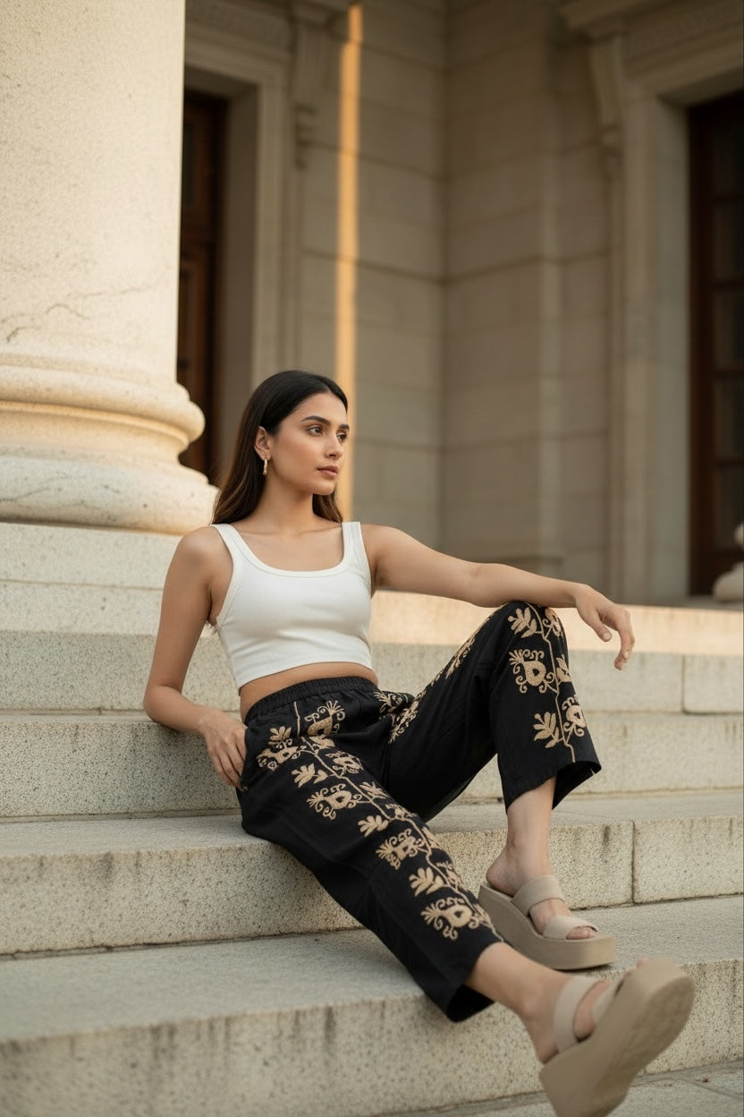 Cotton Suzani Embroidery Women Pajama | Hand Embroidered Floral Hippie Pant | Handcrafted Boho Loungewear Trouser One Size | Gift for Her