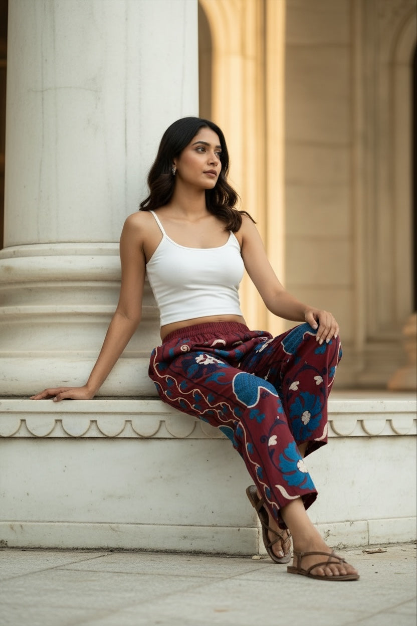 Cotton Suzani Embroidery Women Pajama | Hand Embroidered Floral Hippie Pant | Handcrafted Boho Loungewear Trouser One Size | Gift for Her