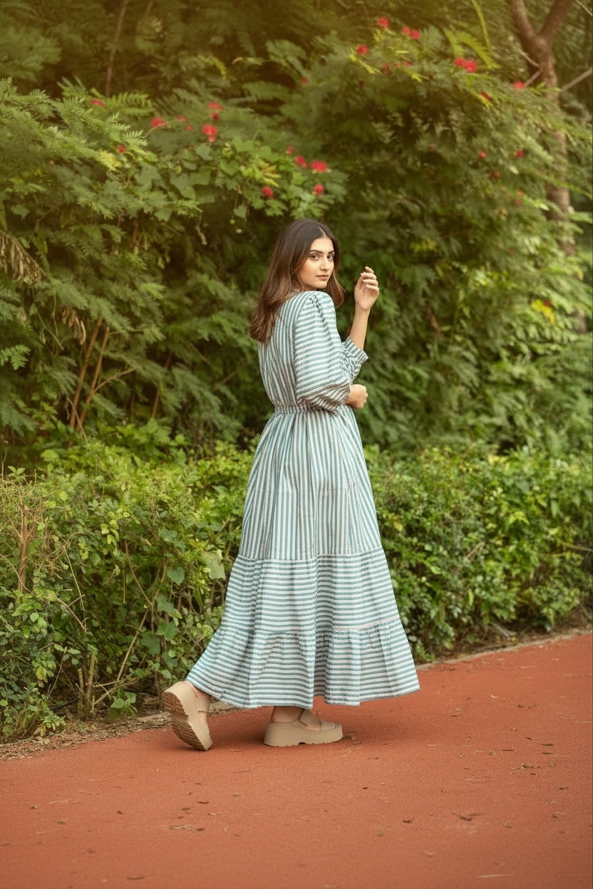 Cotton Midi Dress Stripe Hand Block Print | Boho Summer Sundress with Pockets, Artisan Style Beach Vacation Wear, Bridesmaid Gift for Her