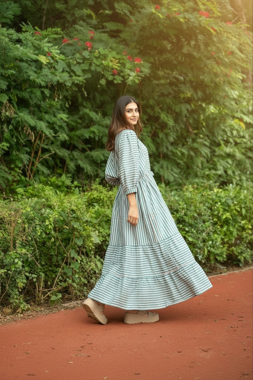 Cotton Midi Dress Stripe Hand Block Print | Boho Summer Sundress with Pockets, Artisan Style Beach Vacation Wear, Bridesmaid Gift for Her