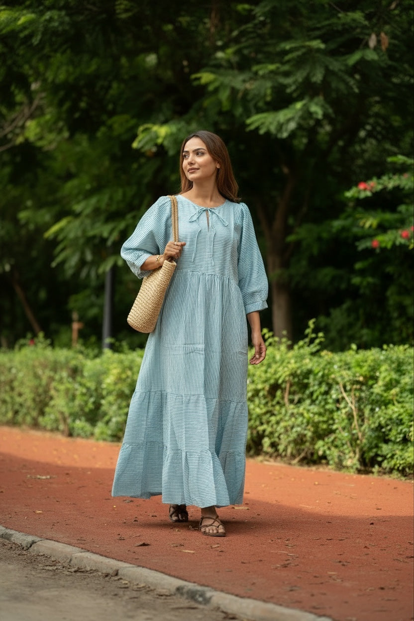 Cotton Midi Dress Stripe Hand Block Print | Boho Summer Sundress with Pockets, Artisan Style Beach Vacation Wear, Bridesmaid Gift for Her