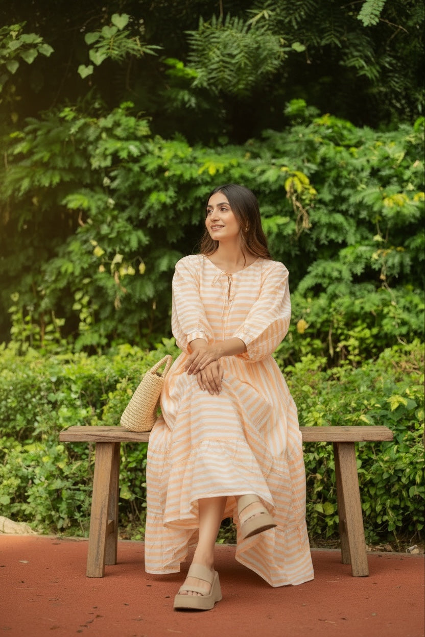 Cotton Midi Dress Stripe Hand Block Print | Boho Summer Sundress with Pockets, Artisan Style Beach Vacation Wear, Bridesmaid Gift for Her