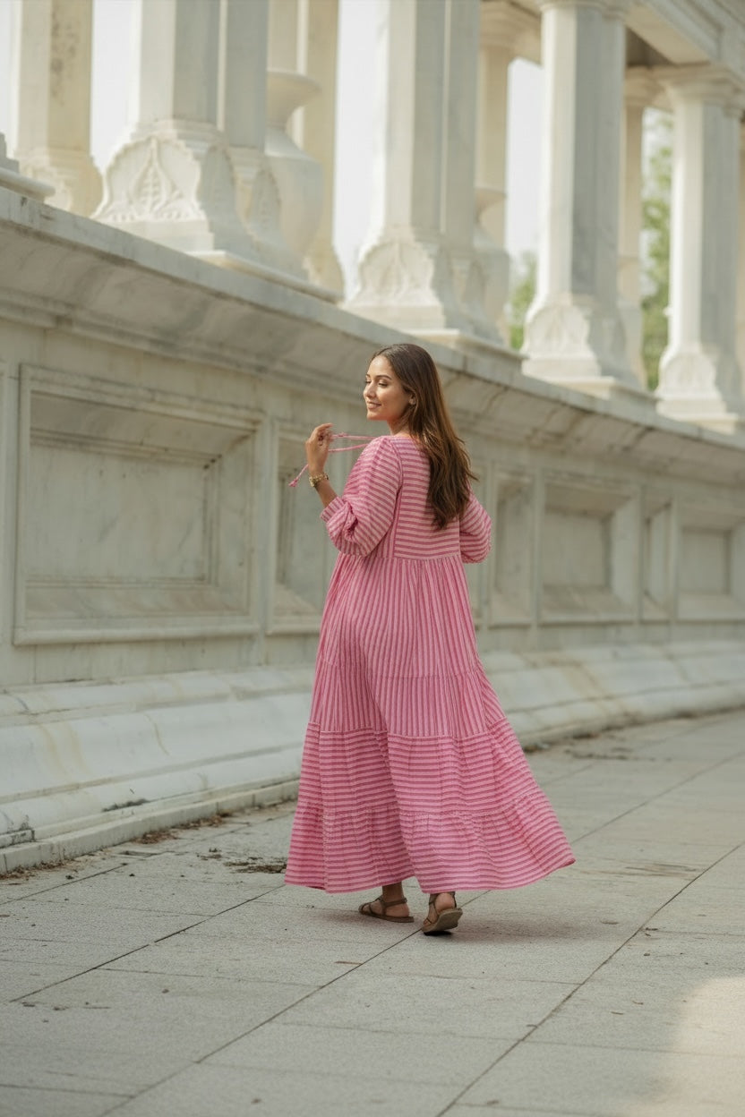 Cotton Midi Dress Stripe Hand Block Print | Boho Oversized Long Sleeves Loose Fit Dress with Pockets, Artisan Style Bridesmaid Gift for Her