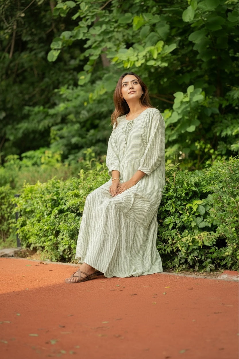 Cotton Midi Dress Stripe Hand Block Print | Boho Oversized Long Sleeves Loose Fit Dress with Pockets, Artisan Style Bridesmaid Gift for Her