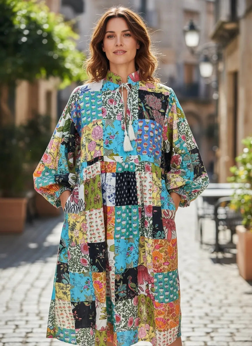 Boho Maxi Dress With Sleeves | Handmade Patchwork Long Flowy Beach Dress, One-of-a-kind Elegant Retro Outfit, Modest Gown with Pockets