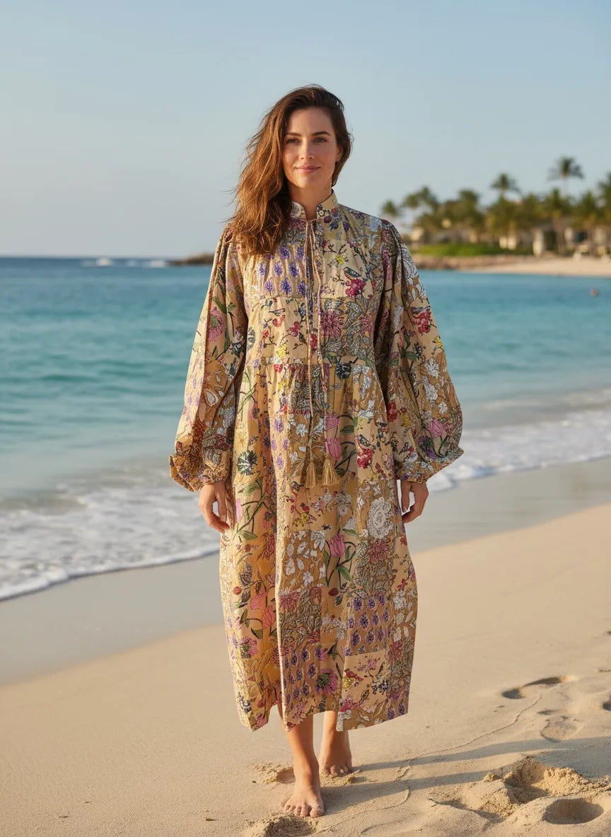 Boho Maxi Dress With Sleeves | Handmade Patchwork Long Flowy Beach Dress, One-of-a-kind Elegant Retro Outfit, Modest Gown with Pockets