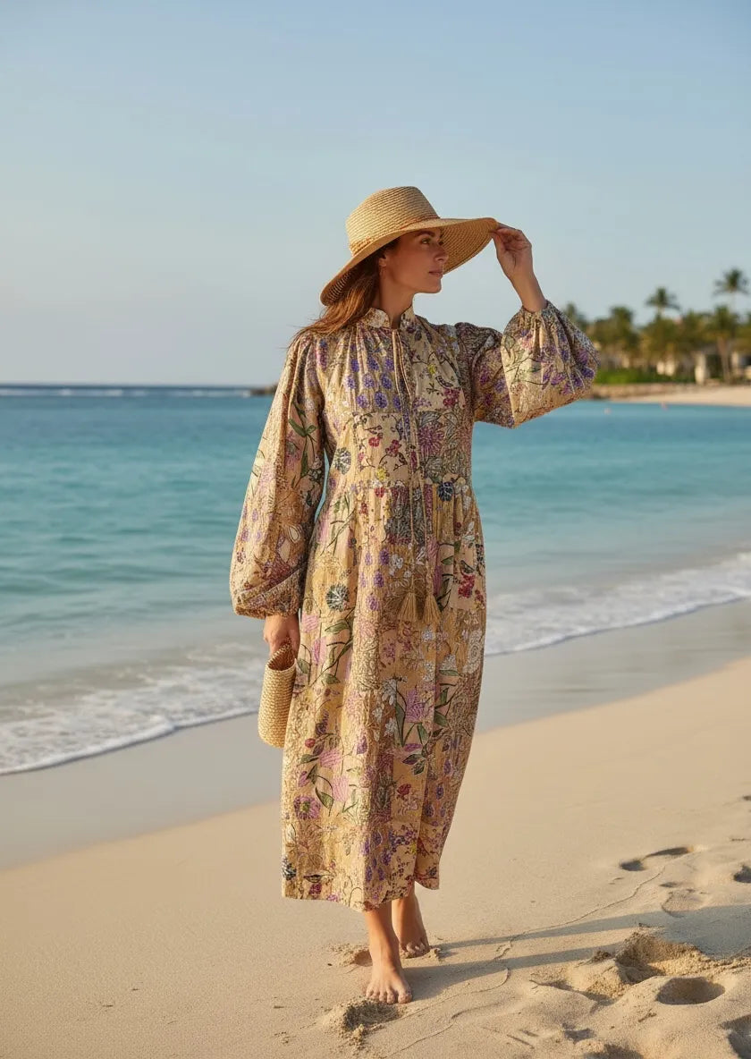 Boho Maxi Dress With Sleeves | Handmade Patchwork Long Flowy Beach Dress, One-of-a-kind Elegant Retro Outfit, Modest Gown with Pockets