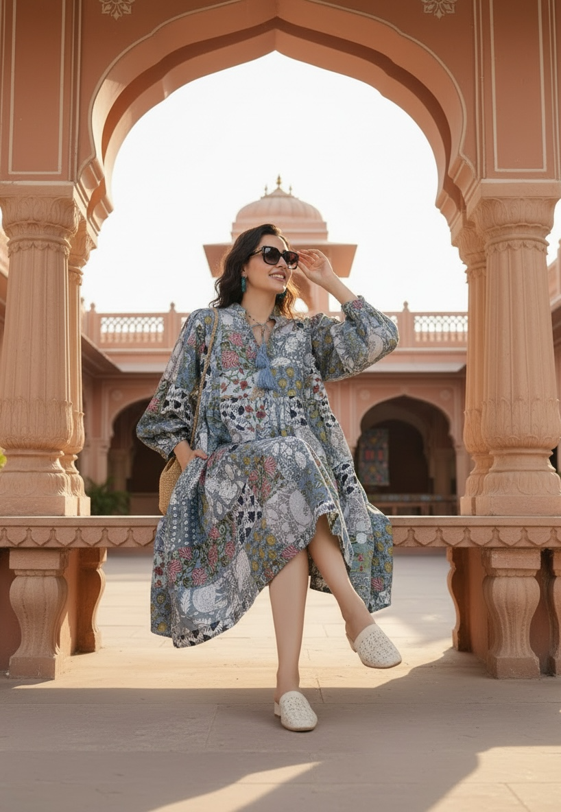 Boho Maxi Dress With Sleeves | Handmade Patchwork Long Flowy Beach Dress, One-of-a-kind Elegant Retro Outfit, Modest Gown with Pockets