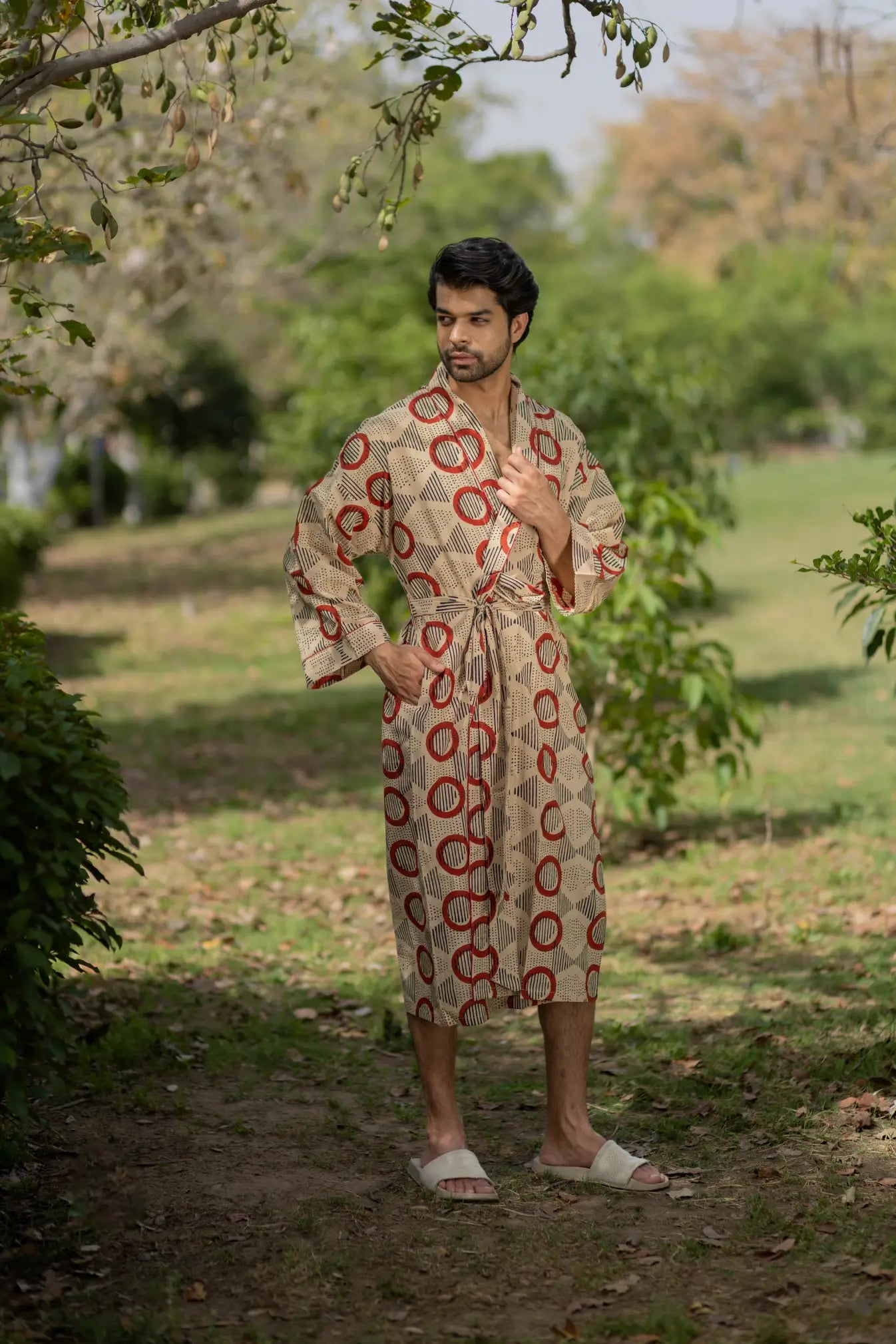 Pure Cotton Boho Men Kimono Robe | Geometric Luxury Dressing Gown Summer Loungewear, Onesie Unisex Bathrobe Relax Fit Beach Outfit Cardigan