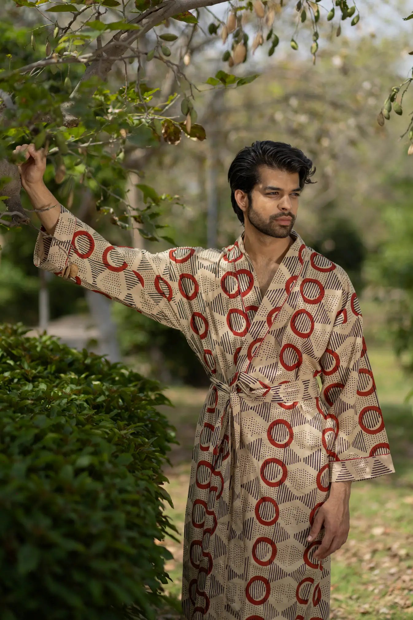Pure Cotton Boho Men Kimono Robe | Geometric Luxury Dressing Gown Summer Loungewear, Onesie Unisex Bathrobe Relax Fit Beach Outfit Cardigan