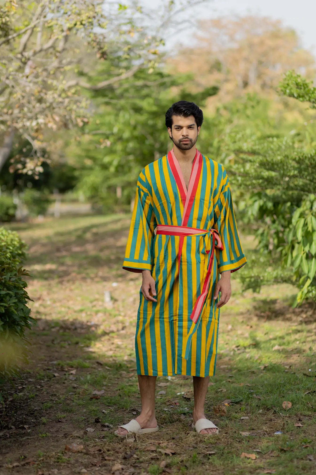 Pure Cotton Boho Men Kimono Robe | Geometric Luxury Dressing Gown Summer Loungewear, Reversible Unisex Bathrobe Relaxed Fit Beach Outfit