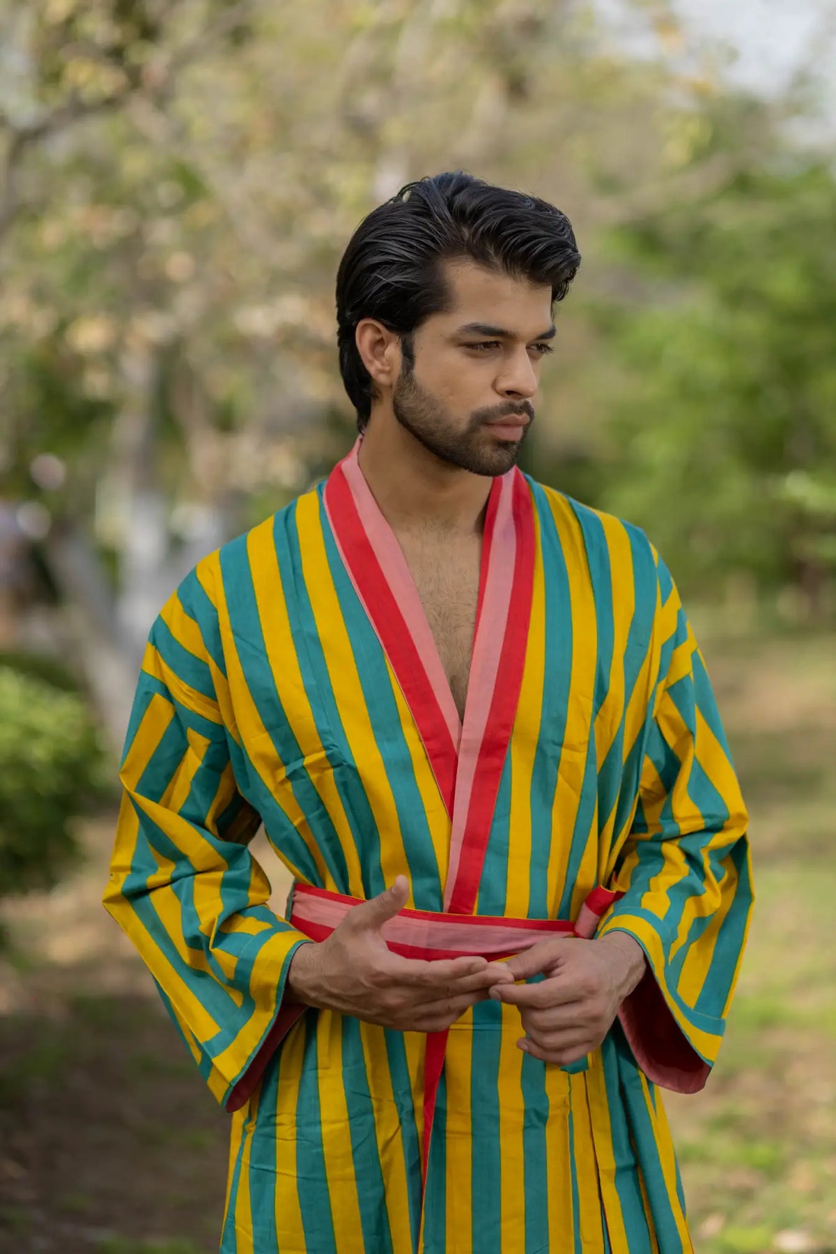 Pure Cotton Boho Men Kimono Robe | Geometric Luxury Dressing Gown Summer Loungewear, Reversible Unisex Bathrobe Relaxed Fit Beach Outfit