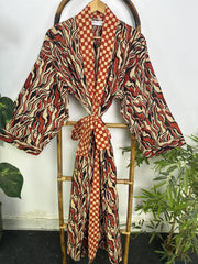 Mens Kimono Robe Cotton Handblock Dress, Indian Printed Man House Robe, Boho Beach Coverup Dressing Gown Lightweight Loungewear Gift For Him