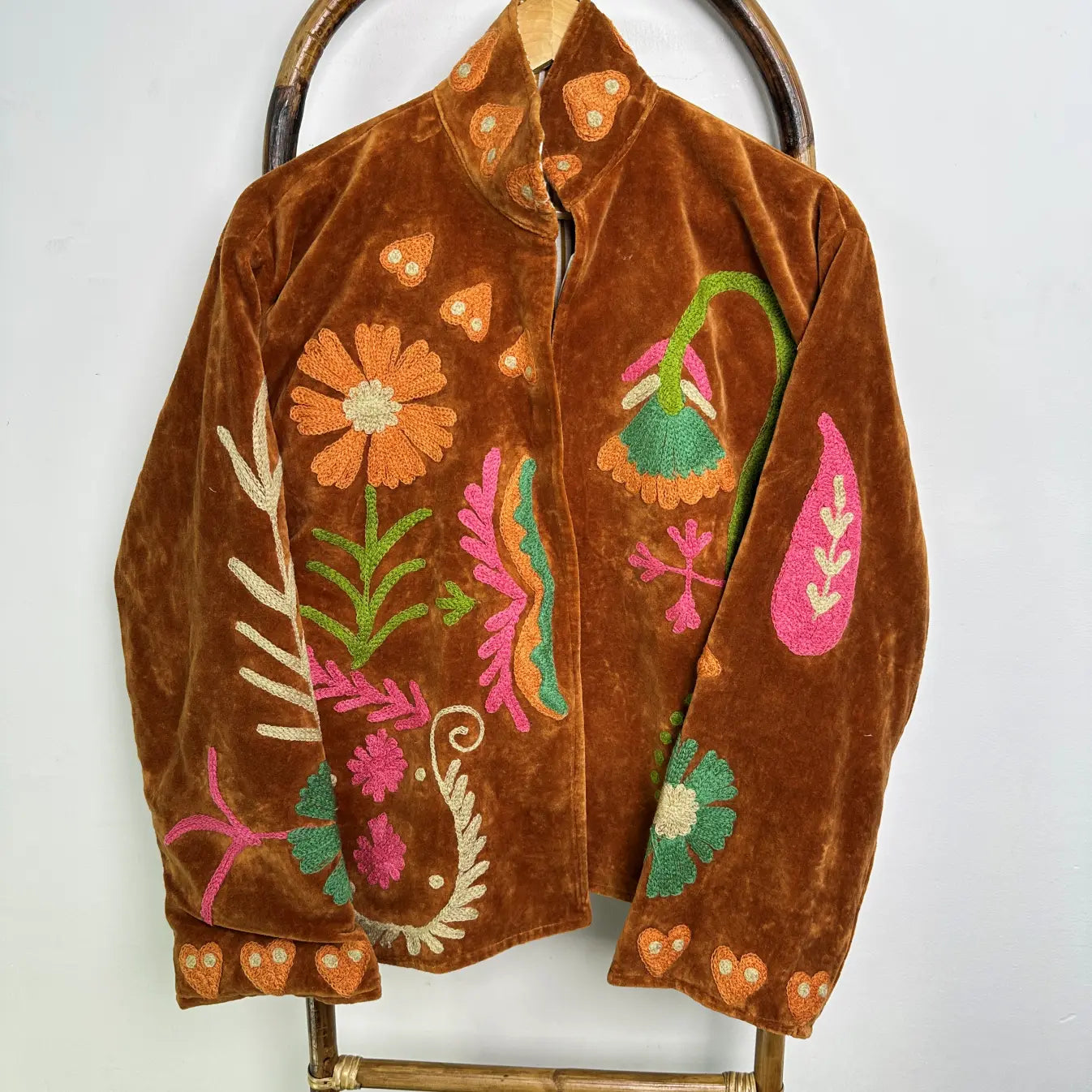 Boho Hand Embroidered Velvet Suzani Jacket, Brown Floral Open Front Coat Winter Wear Free Size Robe Retro Chic Free Size Robe Blazer for Her