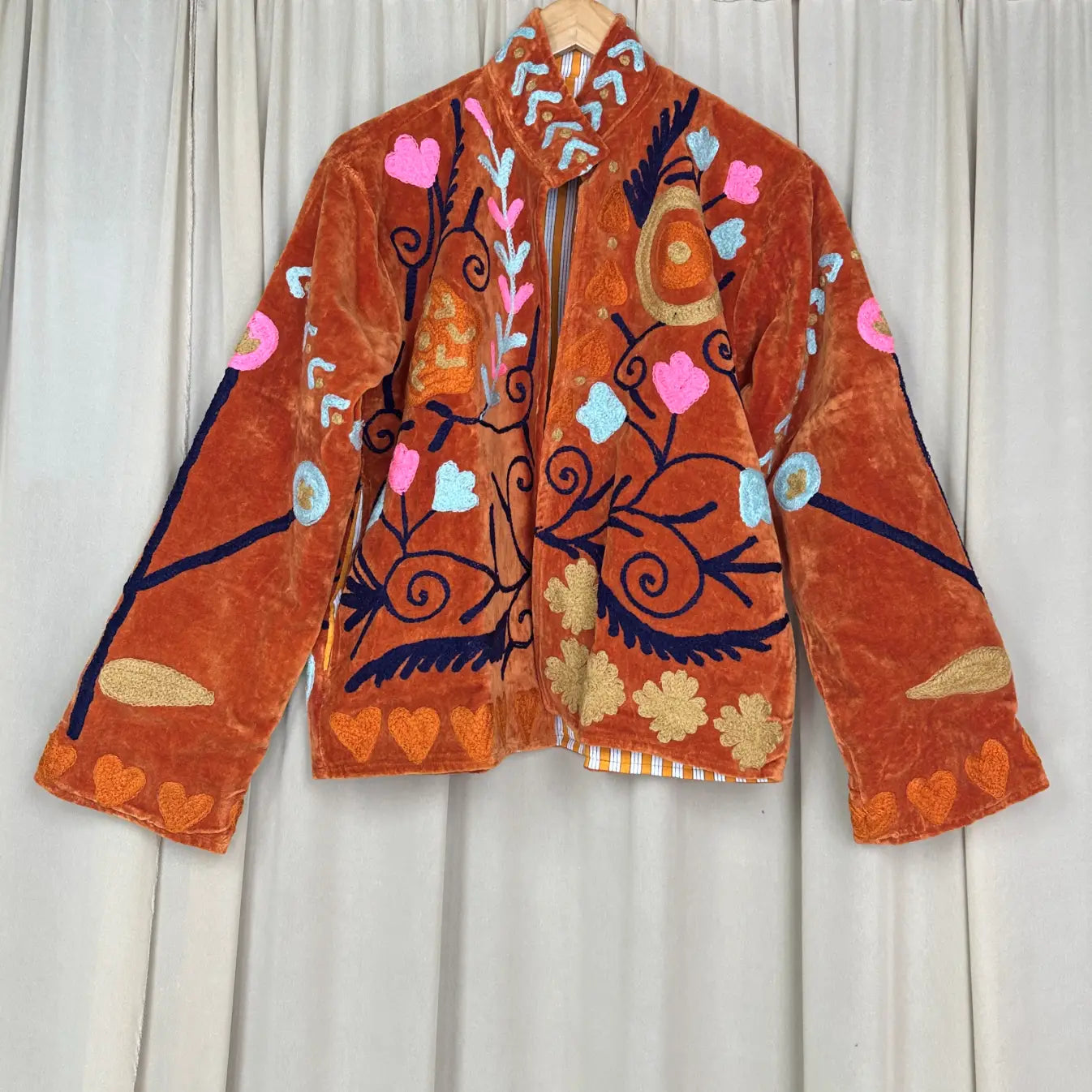 Boho Hand Embroidered Velvet Suzani Jacket, Brwon Floral Open Front Coat Winter Wear Free Size Robe Retro Chic Free Size Robe Blazer for Her