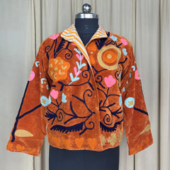 Boho Hand Embroidered Velvet Suzani Jacket, Brwon Floral Open Front Coat Winter Wear Free Size Robe Retro Chic Free Size Robe Blazer for Her