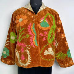 Boho Hand Embroidered Velvet Suzani Jacket, Brown Floral Open Front Coat Winter Wear Free Size Robe Retro Chic Free Size Robe Blazer for Her
