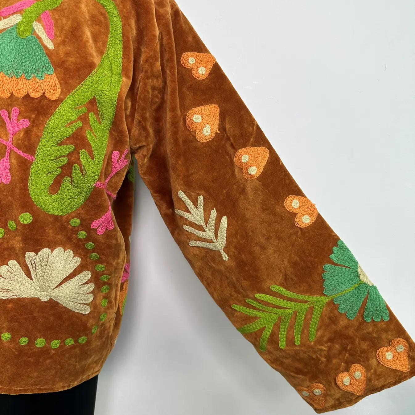 Boho Hand Embroidered Velvet Suzani Jacket, Brown Floral Open Front Coat Winter Wear Free Size Robe Retro Chic Free Size Robe Blazer for Her