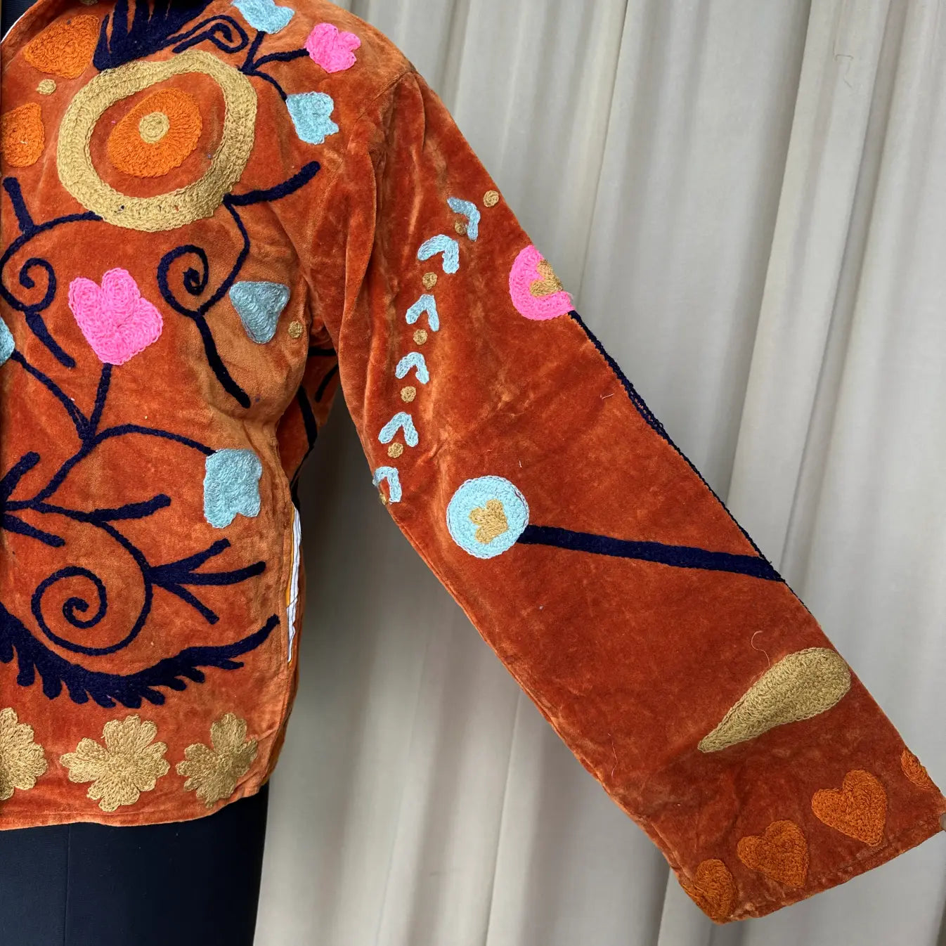 Boho Hand Embroidered Velvet Suzani Jacket, Brwon Floral Open Front Coat Winter Wear Free Size Robe Retro Chic Free Size Robe Blazer for Her