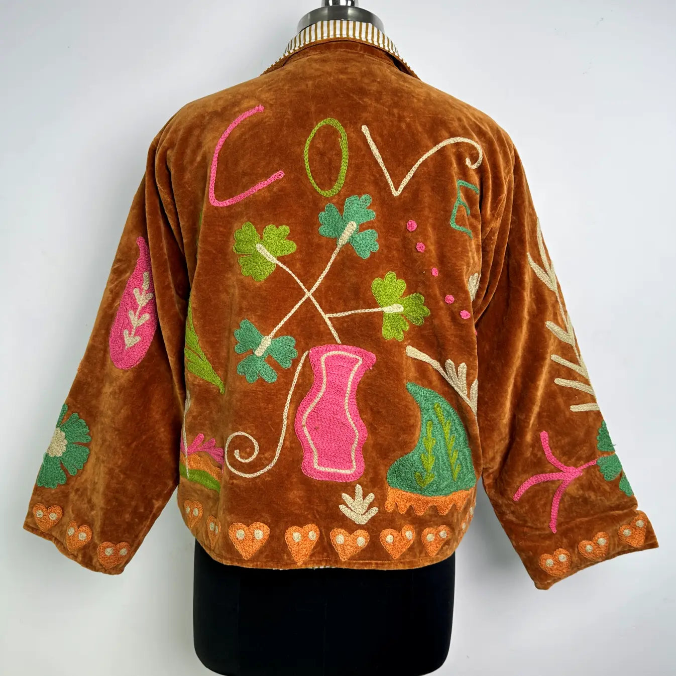 Boho Hand Embroidered Velvet Suzani Jacket, Brown Floral Open Front Coat Winter Wear Free Size Robe Retro Chic Free Size Robe Blazer for Her