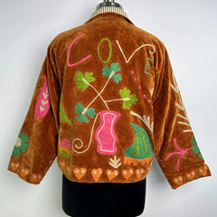 Boho Hand Embroidered Velvet Suzani Jacket, Brown Floral Open Front Coat Winter Wear Free Size Robe Retro Chic Free Size Robe Blazer for Her