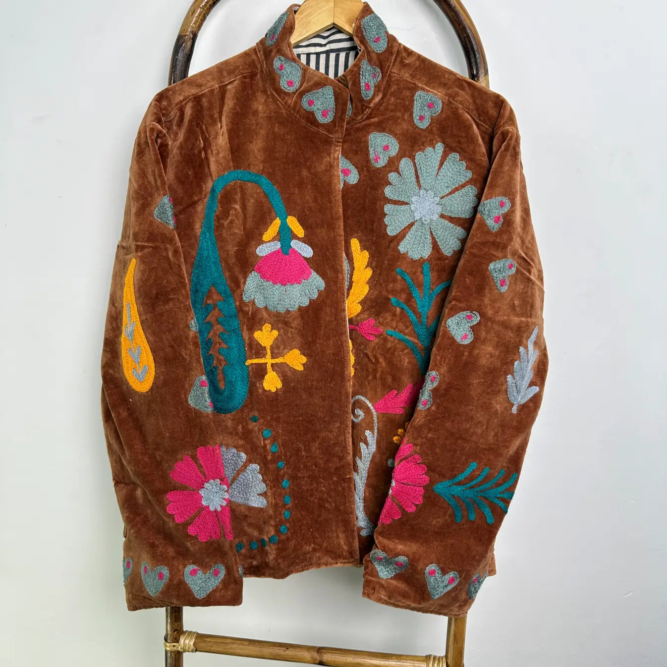 Boho Hand Embroidered Velvet Suzani Jacket, Brown Floral Open Front Coat Winter Wear Free Size Robe Retro Chic Free Size Robe Blazer for Her