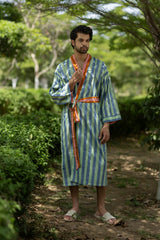 Pure Cotton Boho Men Kimono Robe | Geometric Luxury Dressing Gown Summer Loungewear, Reversible Unisex Bathrobe Relaxed Fit Beach Outfit