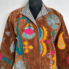 Boho Hand Embroidered Velvet Suzani Jacket, Brown Floral Open Front Coat Winter Wear Free Size Robe Retro Chic Free Size Robe Blazer for Her