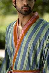 Pure Cotton Boho Men Kimono Robe | Geometric Luxury Dressing Gown Summer Loungewear, Reversible Unisex Bathrobe Relaxed Fit Beach Outfit