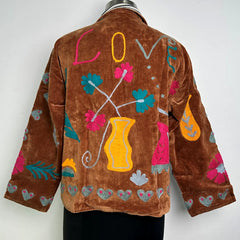Boho Hand Embroidered Velvet Suzani Jacket, Brown Floral Open Front Coat Winter Wear Free Size Robe Retro Chic Free Size Robe Blazer for Her
