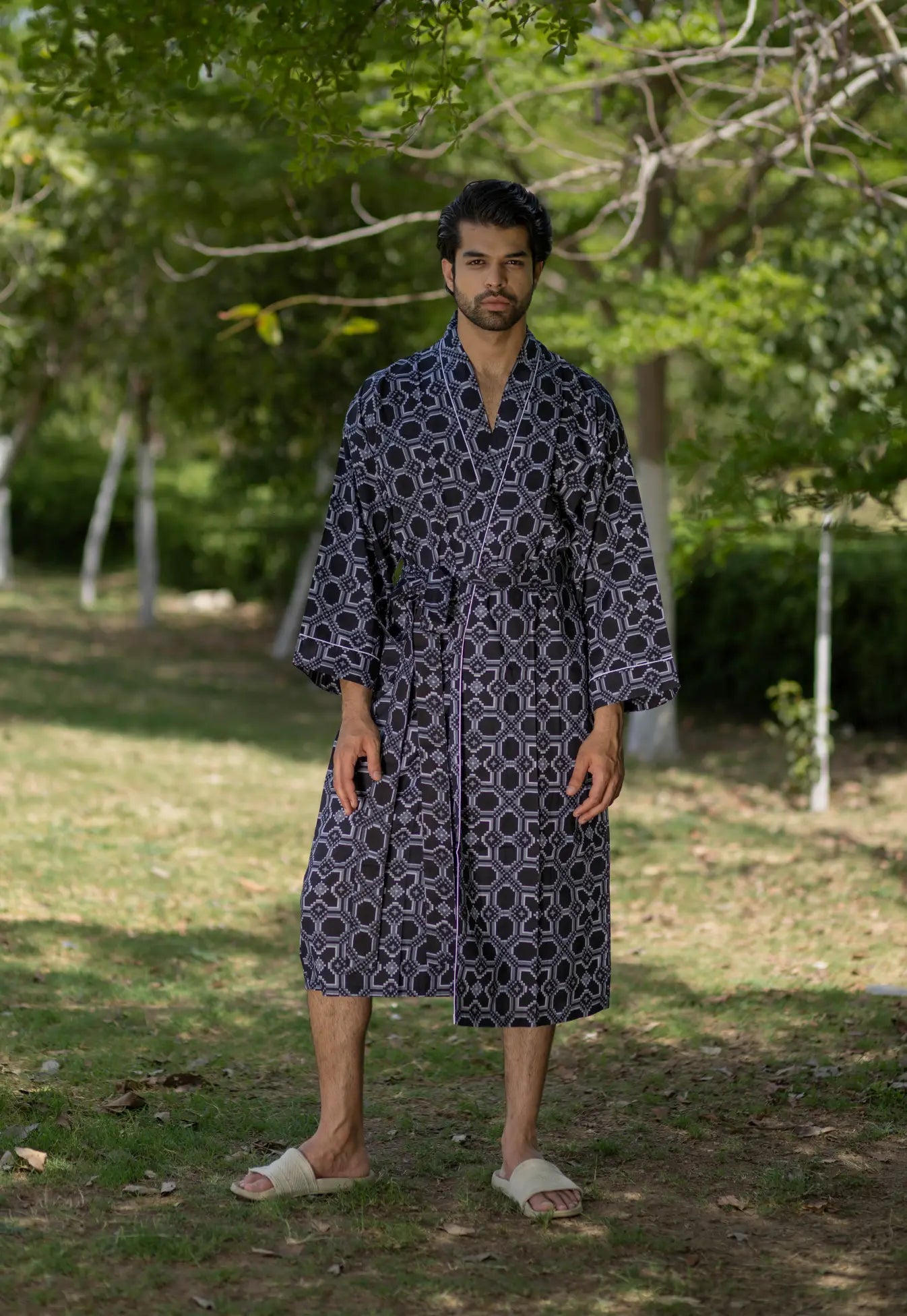 Pure Cotton Boho Men Kimono Robe | Geometric Luxury Dressing Gown Summer Loungewear, Onesie Unisex Bathrobe Relax Fit Beach Outfit Cardigan