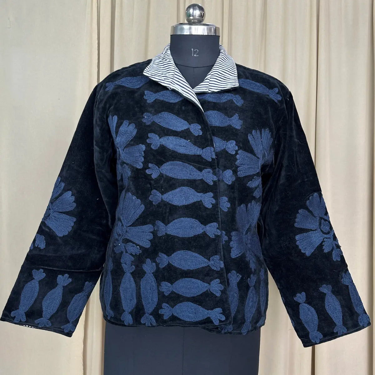 Boho Hand Embroidered Velvet Suzani Jacket, Black Floral Open Front Coat Winter Wear Free Size Robe Retro Chic Free Size Robe Blazer for Her