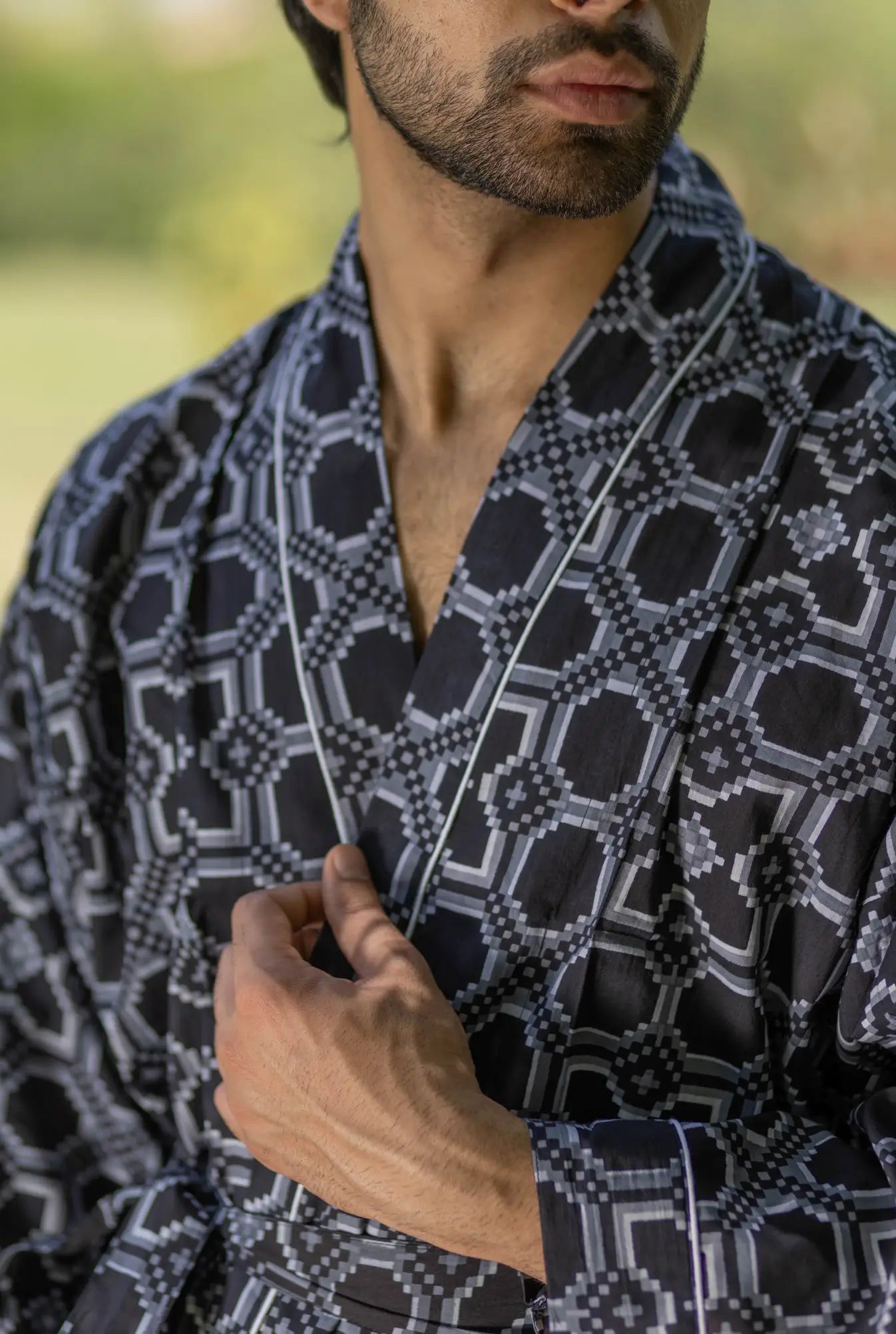 Pure Cotton Boho Men Kimono Robe | Geometric Luxury Dressing Gown Summer Loungewear, Onesie Unisex Bathrobe Relax Fit Beach Outfit Cardigan