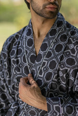 Pure Cotton Boho Men Kimono Robe | Geometric Luxury Dressing Gown Summer Loungewear, Onesie Unisex Bathrobe Relax Fit Beach Outfit Cardigan