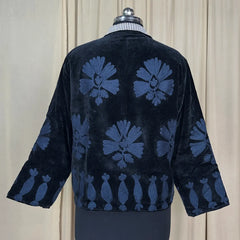 Boho Hand Embroidered Velvet Suzani Jacket, Black Floral Open Front Coat Winter Wear Free Size Robe Retro Chic Free Size Robe Blazer for Her