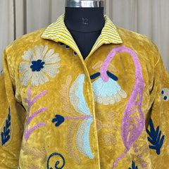 Boho Hand Embroidered Velvet Suzani Jacket Yellow Floral Open Front Coat Winter Wear Free Size Robe Retro Chic Free Size Robe Blazer for Her