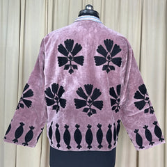 Boho Hand Embroidered Velvet Suzani Jacket, Dusty Grape Floral Open Front Coat Winter Wear Robe Retro Chic Free Size Robe Blazer for Her