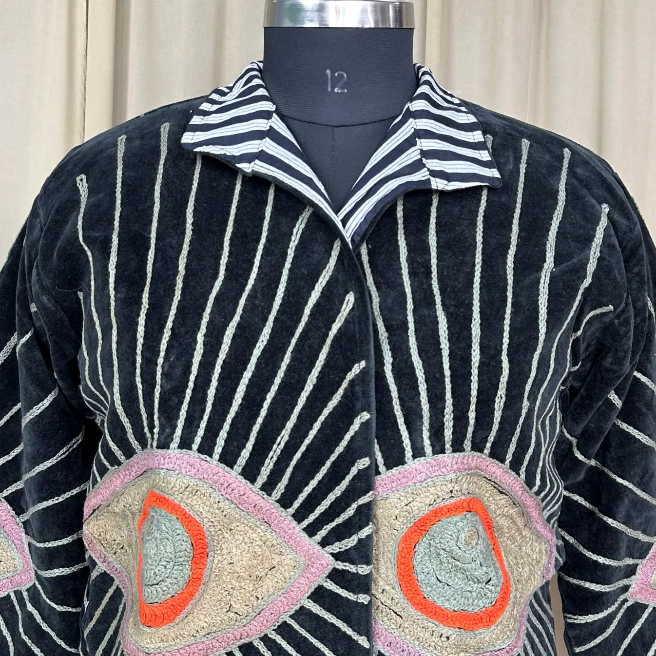 Boho Hand Embroidered Velvet Suzani Jacket | Black Geometric Open Front Coat Winter Wear Free Size Retro Chic Free Size Robe Blazer for Her