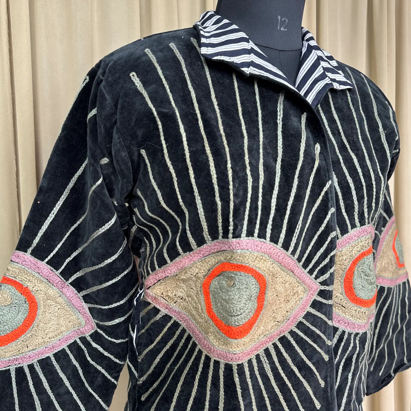 Boho Hand Embroidered Velvet Suzani Jacket | Black Geometric Open Front Coat Winter Wear Free Size Retro Chic Free Size Robe Blazer for Her