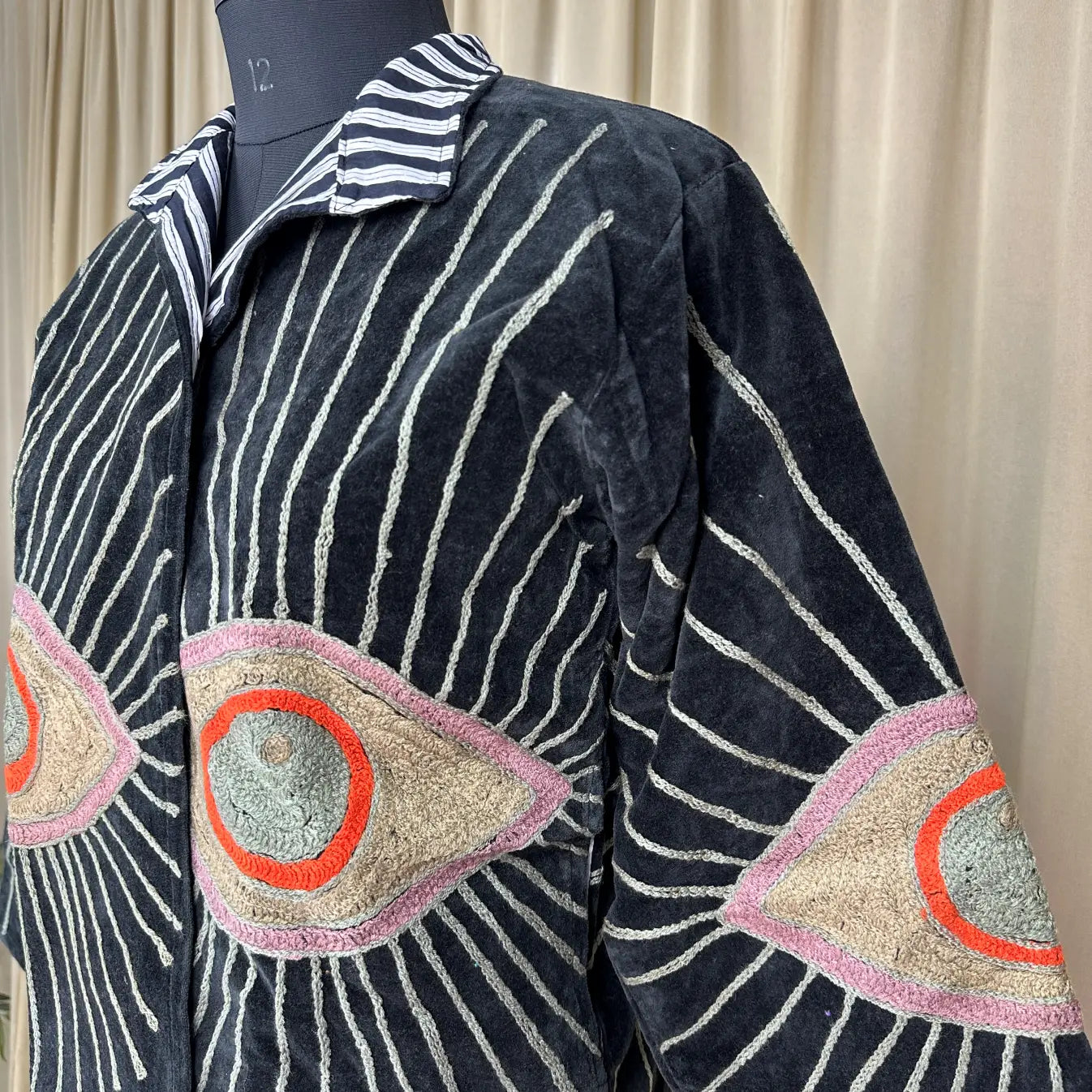 Boho Hand Embroidered Velvet Suzani Jacket | Black Geometric Open Front Coat Winter Wear Free Size Retro Chic Free Size Robe Blazer for Her