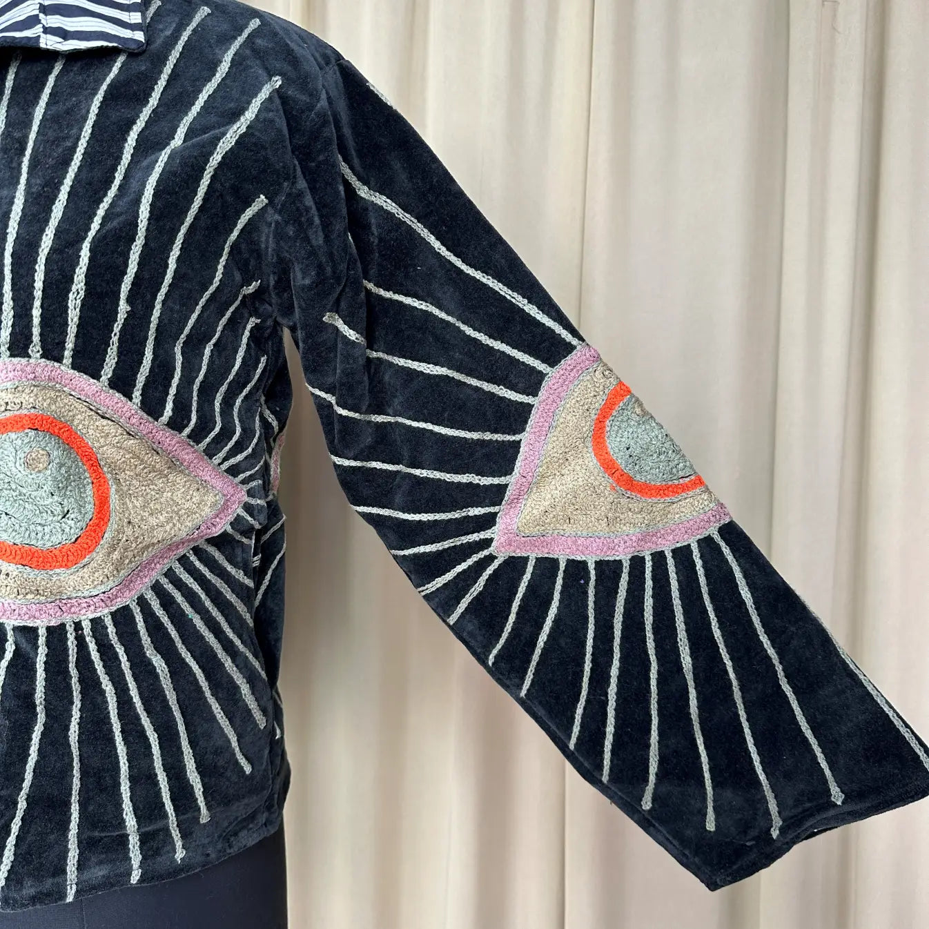 Boho Hand Embroidered Velvet Suzani Jacket | Black Geometric Open Front Coat Winter Wear Free Size Retro Chic Free Size Robe Blazer for Her
