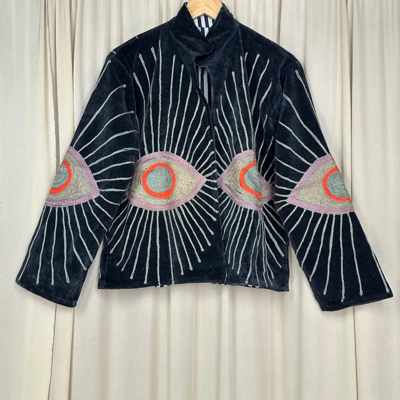 Boho Hand Embroidered Velvet Suzani Jacket | Black Geometric Open Front Coat Winter Wear Free Size Retro Chic Free Size Robe Blazer for Her