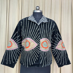 Boho Hand Embroidered Velvet Suzani Jacket | Black Geometric Open Front Coat Winter Wear Free Size Retro Chic Free Size Robe Blazer for Her